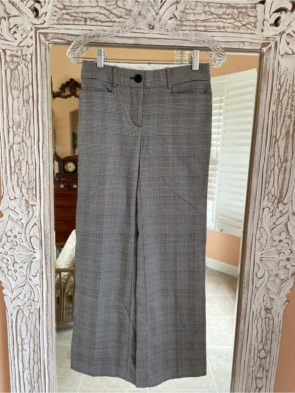 90s Tailored Gray Plaid Poly Rayon Front Pockets High Waist Classic Pants Sm